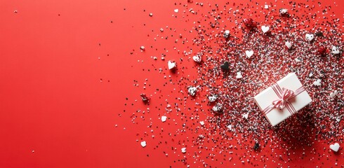 Valentine's Day banner with a gift box and confetti on a red background, flat lay top view. Valentine's Day concept wide banner 