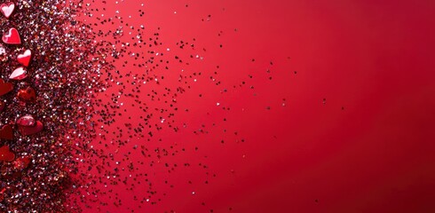 Obraz premium Valentine's Day banner with a gift box and confetti on a red background, flat lay top view. Valentine's Day concept wide banner 