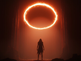 Fototapeta premium figure in dark clothing stands under glowing circular portal, evoking mystery and intrigue