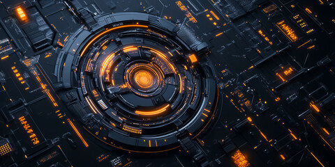 Obraz premium Intricate, dark metallic circuitry with glowing orange accents. This futuristic design evokes advanced technology, complex systems, and industrial machinery.