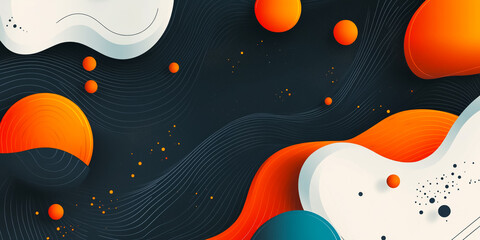 Abstract composition with fluid orange, white, and blue shapes against a dark blue background. Wavy lines and speckled textures add depth to this modern and dynamic design.