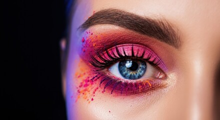 Stunning close-up of a woman's eye with vibrant pink and purple makeup