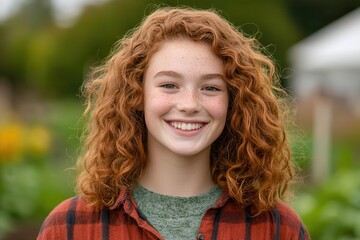 Sustainable community through innovation for well-being Smiling girl with curly hair in a green field setting.