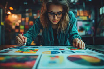 Fototapeta premium Woman in glasses looks at paper.
