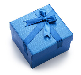 Blue gift box with satin bow, top view, isolated on white background. File contains clipping path.