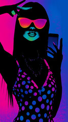 Retro-styled silhouette of a woman in a polka dot dress, sunglasses, and necklace, holding a smartphone. Vibrant neon colors.