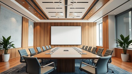 Modern Conference Room Photo, Large White Screen, 16:9 Aspect Ratio, Wooden Accents, Indoor Plants, Bright Lighting, Professional Quality