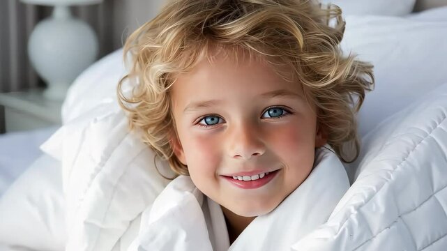 Smiling child relaxing in bed wrapped in white comforter