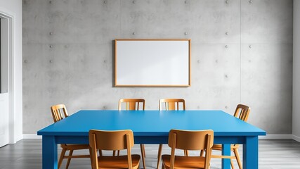Modern Dining Room with Blue Table and Wood Chairs
