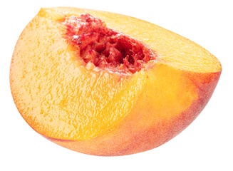 Ripe juicy yellow peach slice streaked with red flesh  isolated on white.  File contains clipping paths.
