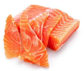 Salmon fillet slices and cut of salmon isolated on white background. File contains clipping path.