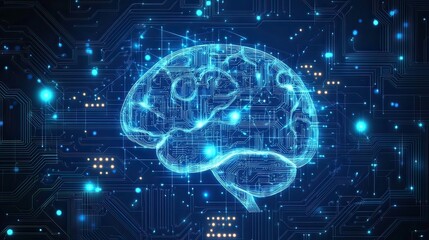 Digital brain circuit board glowing technology concept