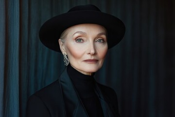 Elegant Elder Woman in Black Hat Posing Against Dark Background with Curtains