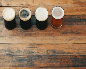 Four glasses of beer on a rustic wooden table, showcasing different colors and frothy tops.