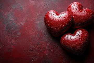 Fototapeta premium Three red hearts on a red background.