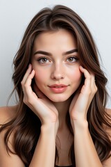 Beautiful Woman with Long Brown Hair Smooth Skin and Gentle Hands Framing Face