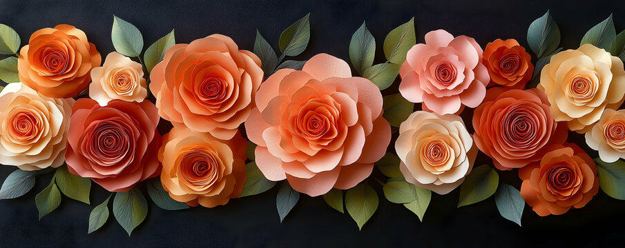 Paper roses border, dark backdrop, wedding design