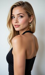 Fototapeta premium Stunning Blonde Woman in Black Halter Top Elegant Portrait Studio Shot