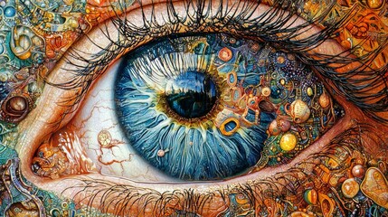Intricate close-up of a human eye reflecting a detailed and colorful landscape filled with patterns and textures