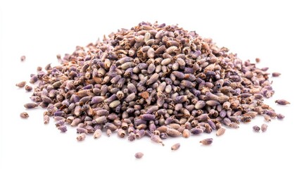 A pile of dried lavender buds with their soft purple tones scattered gently on a pure white background. Aromatic, calming, natural, simple