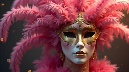 Luxury Carnival Mask with Pink Feathers and Gold Dust Effects