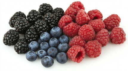 Flat-lay of mixed berries including blueberries, raspberries, and blackberries, on a white backdrop