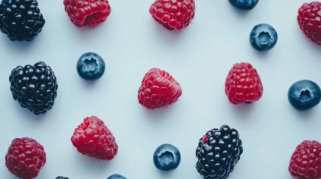 Flat-lay of mixed berries including blueberries, raspberries, and blackberries, on a white backdrop