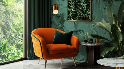 Obraz premium Cozy interior featuring an orange chair and lush green plants in a modern living space with natural light