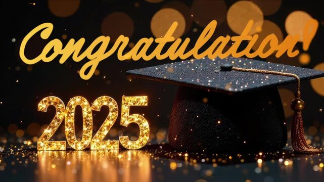 Appearing text "Congratulations 2025" written in with graduation hat with tessel and gold confetti. Theme of graduation concept
