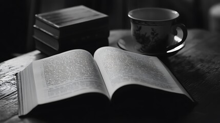 Naklejka premium A Moment of Tranquility: Open Book, Teacup, and Stacked Books on Wooden Table