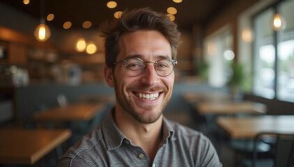 Fototapeta premium Portrait of a Smiling Man standing in a Stylish Coffee Shop Environment