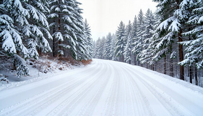 Obraz premium Winding snow-covered road through serene forest, winter tranquility