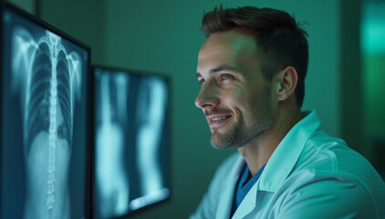 Portrait of a Doctor Analyzing X-Ray Images in a Green Environmental Clinic