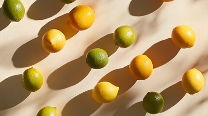 A group of lemons and limes with bright vibrant hues, arranged neatly on a neutral beige background