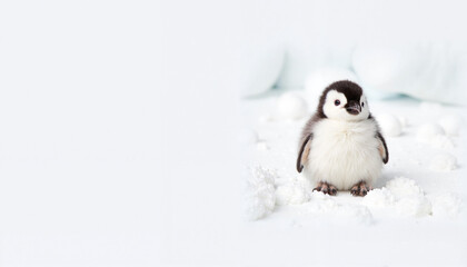 Fototapeta premium Fluffy penguin chick standing on snowy surface, soft textures