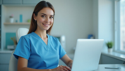 A Female Dentist in Blue Scrubs typing on her laptop in clinic's professional setting