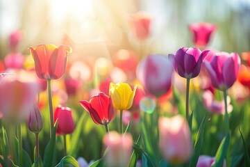 Vibrant tulips in a sunlit field