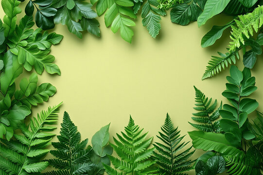 Green Leaf Frame: Lush green leaves of various types create a vibrant, natural frame against a pale green background, perfect for adding a touch of nature to your designs. 