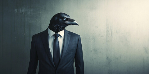 Crow-headed man in a formal suit stands against a gray wall
