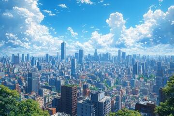 Obraz premium Vibrant urban landscape under a bright blue sky showcases the busy city skyline with modern buildings and lush greenery