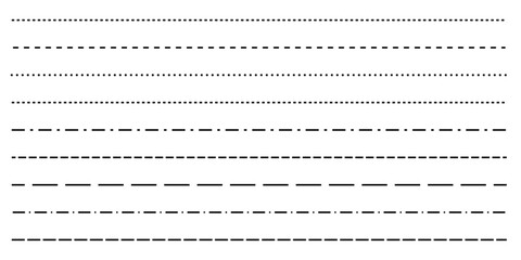 Fototapeta premium Set of long dashed, dotted lines. Different lines for notebook pages, divider border