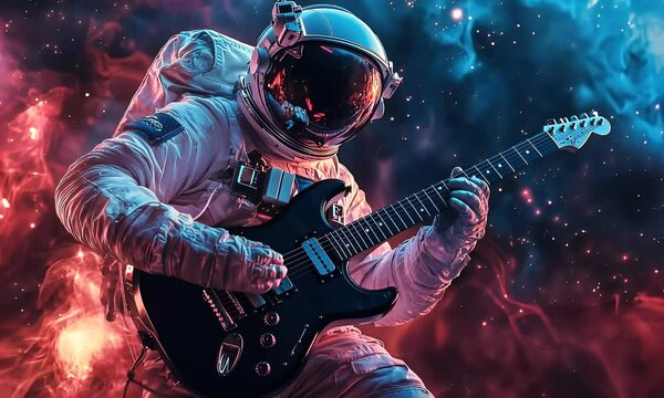 Astronaut playing guitar in space nebula