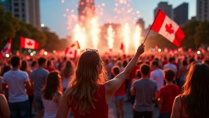 Vibrant Canada Day celebrations in city square with cheerful crowd waving flags under fireworks

