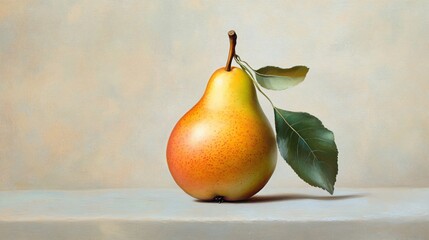 A single pear with a green-yellow gradient, complete with a stem and a leaf, on a soft gray background