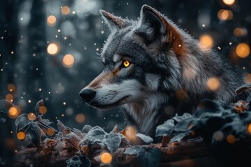 Fototapeta premium A close-up of a wolf piercing yellow eyes, with frost-covered fur in a snowy forest