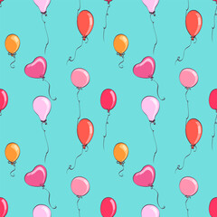 Balloons on a bright blue background. Seamless pattern. Vector illustration