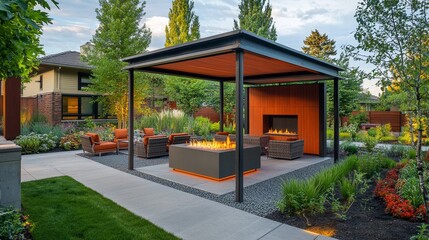 Naklejka premium Cozy outdoor lounge area with fire feature surrounded by lush greenery in residential neighborhood during late afternoon