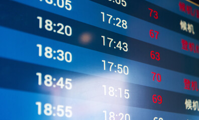 Close up of flight information board. The Chinese characters on the right display boarding