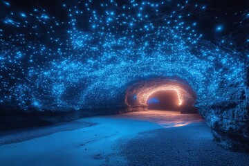 Stunning natural cave illuminated by glowing bioluminescent lights during nighttime exploration by the beach