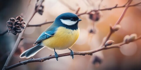 Fototapeta premium Blue and Yellow Bird on Tree Branch
